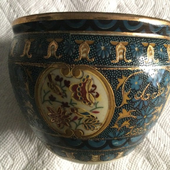 Beautiful Hand painted small planter vase bowl blue 3.75" x 4.75" - Picture 8 of 9